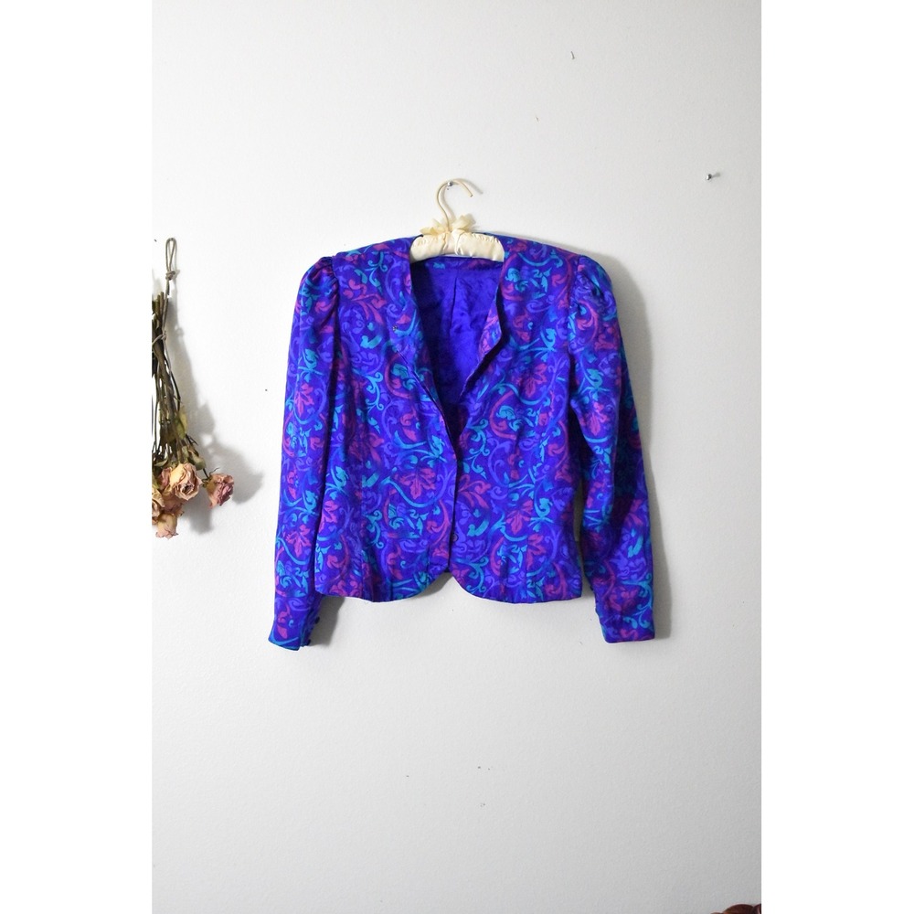 Adrianna Papell Vintage 80s 100% Silk Blazer Purple Floral Damask Puff Shoulder